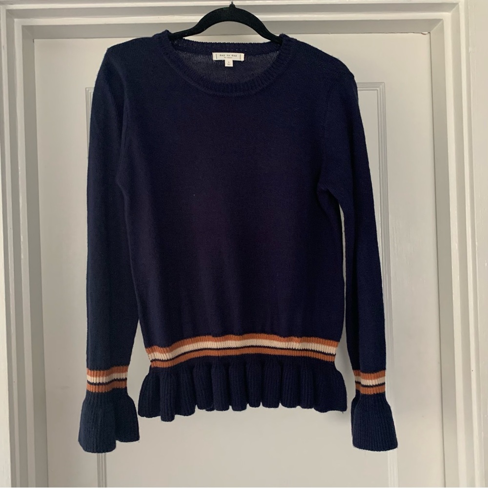 Day to say sweater Womens small navy blue orange round neck long sleeve Ruffle